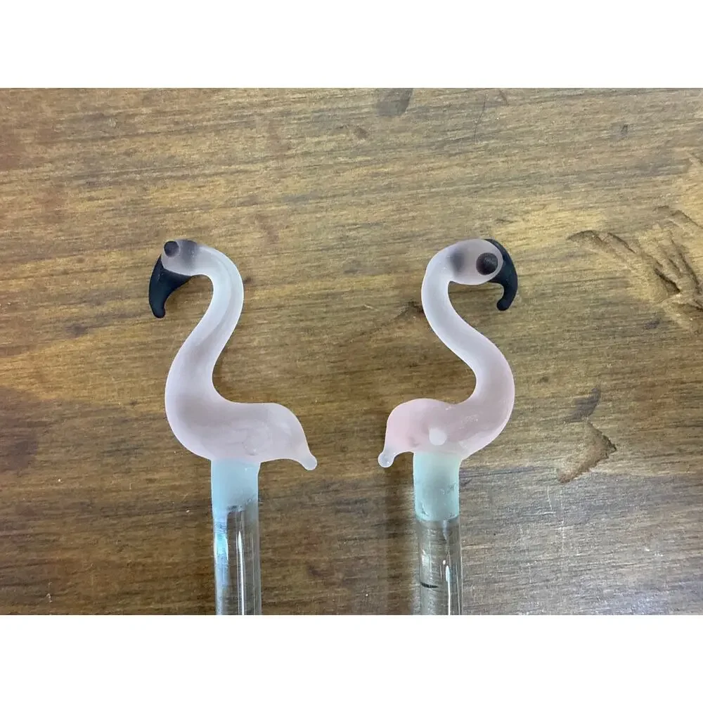 Hand Blown Glass Pink Flamingo Drink Stirrers / Swizzle Sticks Tropical Barware